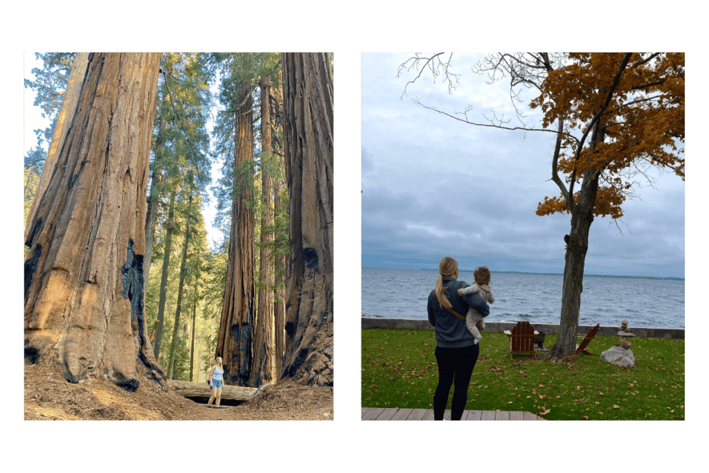 Woman in Sequoia National park with towering large trees while traveling. Woman and daughter on family trip to lake