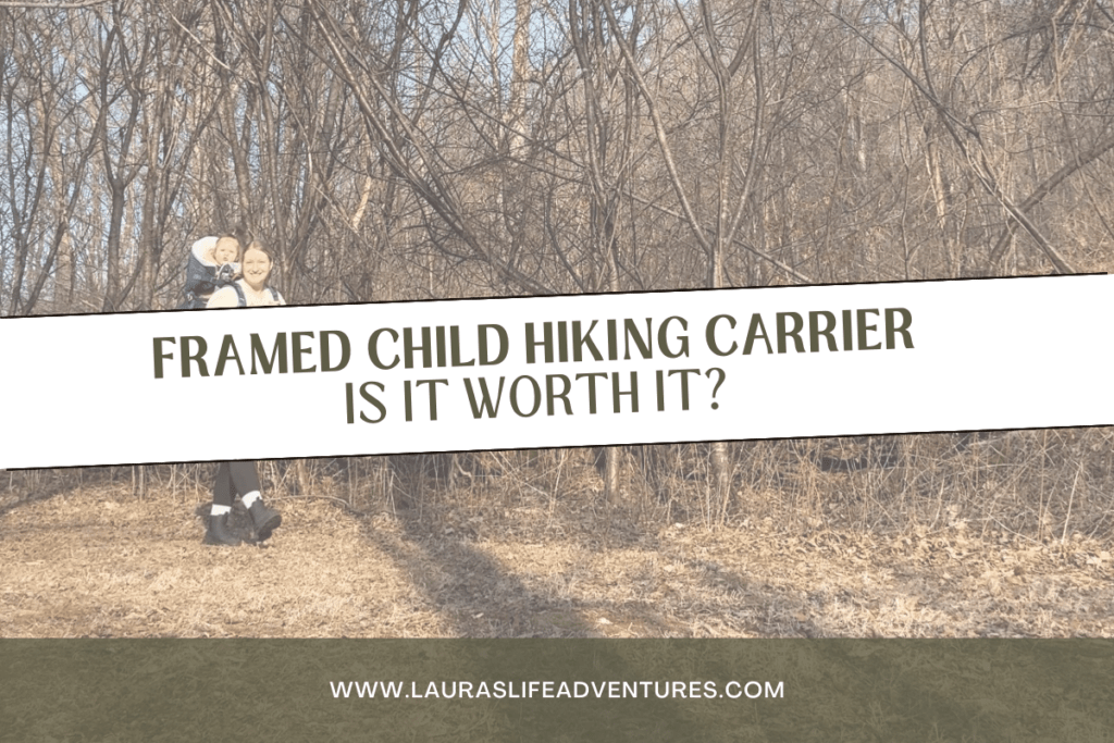 Framed child hiking carrier blog image with mother and daughter hiking