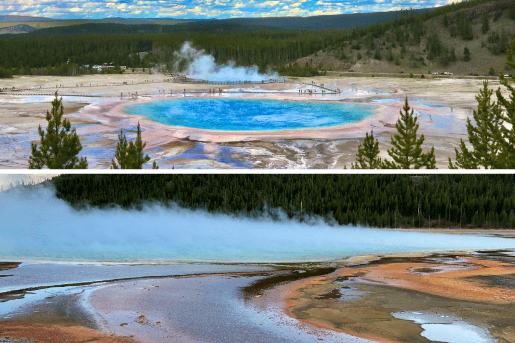 Lower and upper views of grand prismatic spring in Yellowstone national park