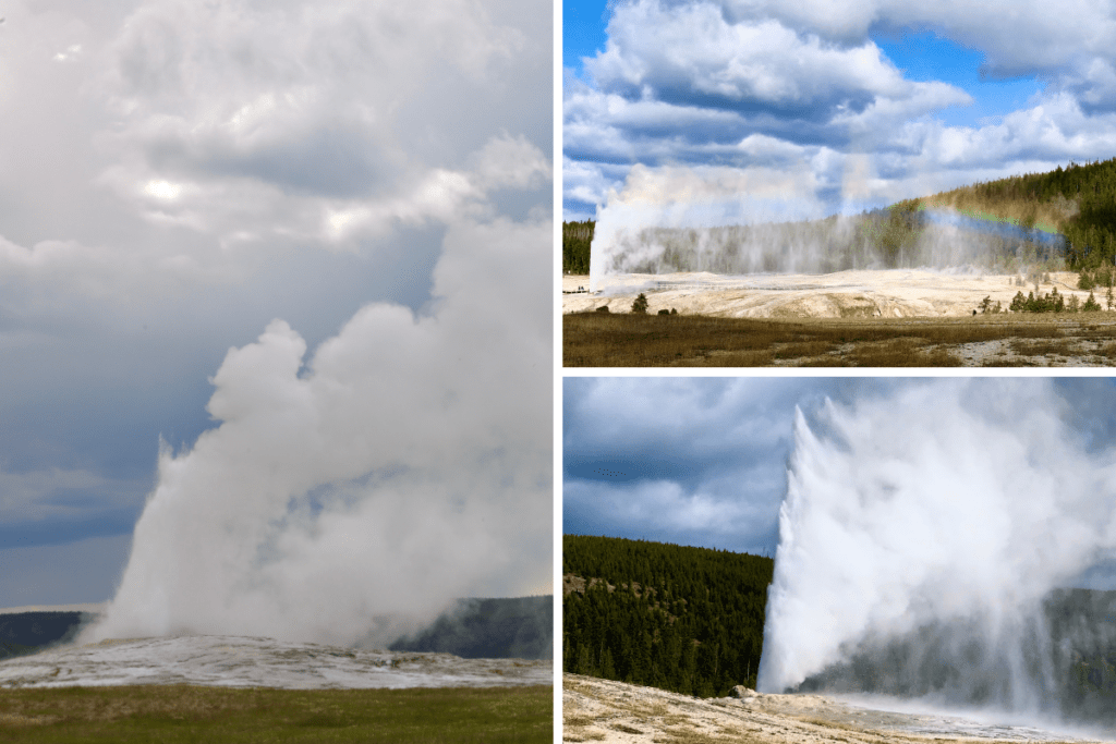 Old faithful geyser and other geyser at Yellowstone national park, one with a rainbow.