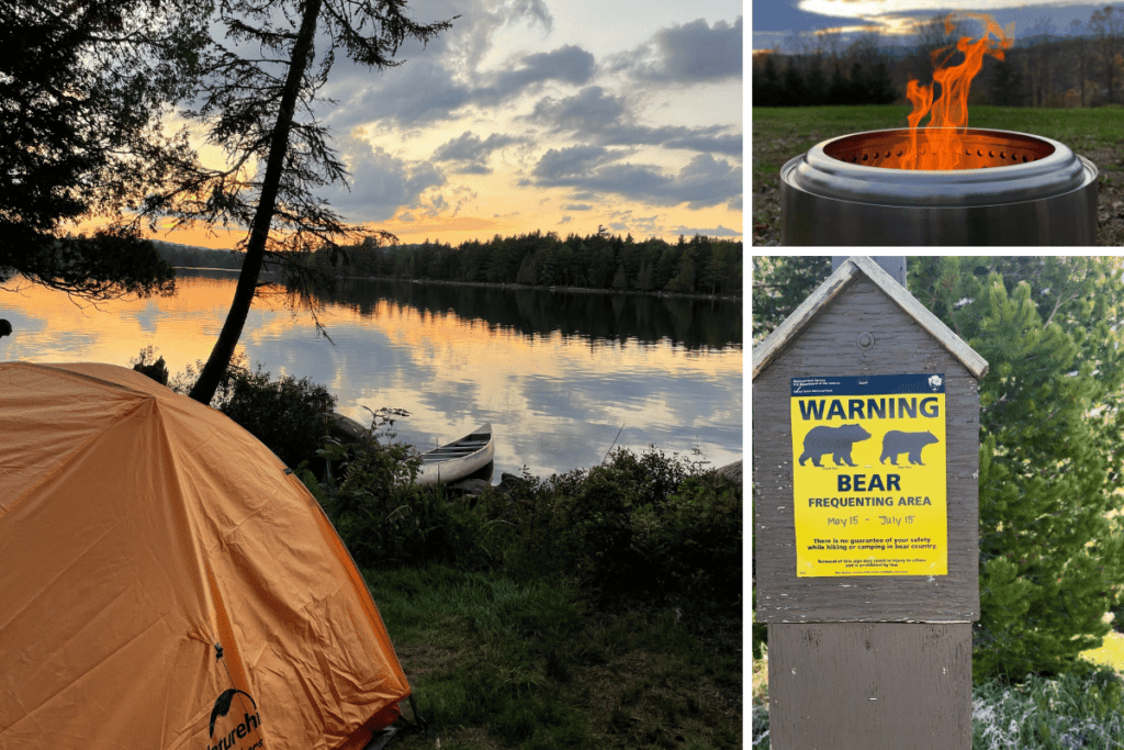 camping in Adirondacks New York at forked lake, enjoying an evening fire in a pit in upstate New York, a bear warning sign noted on a hiking trail in Grand Teton national park