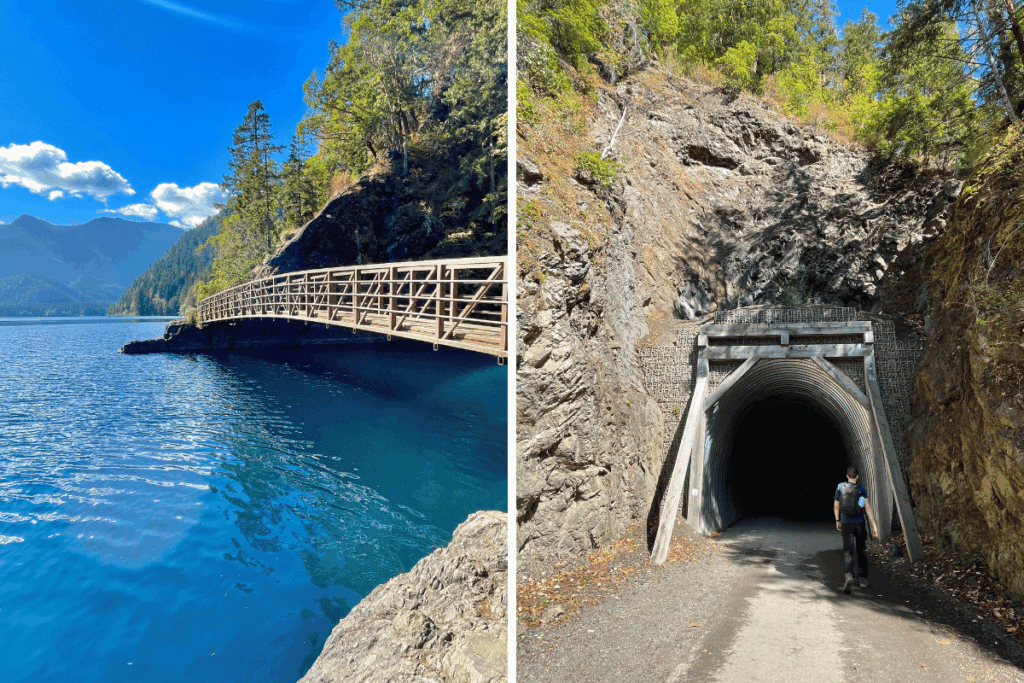 Devils punchbowl at lake in olympic National park. Bridge over blue water and tunnel from the paved trail to the lake.
