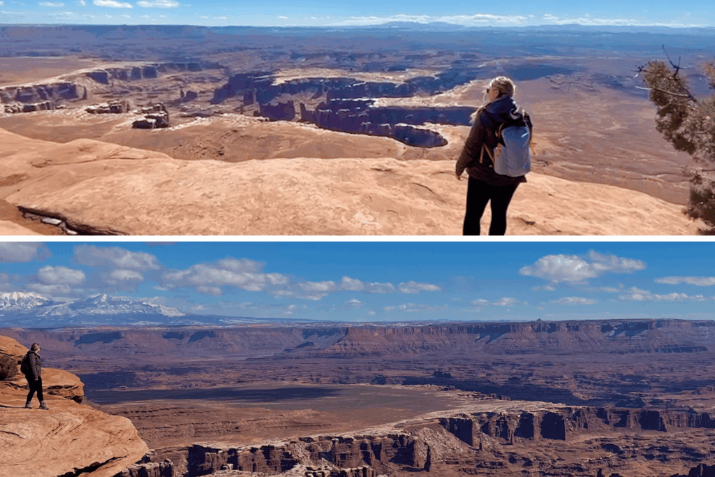 Woman overlooking canyonlands national park from grand view point trail.