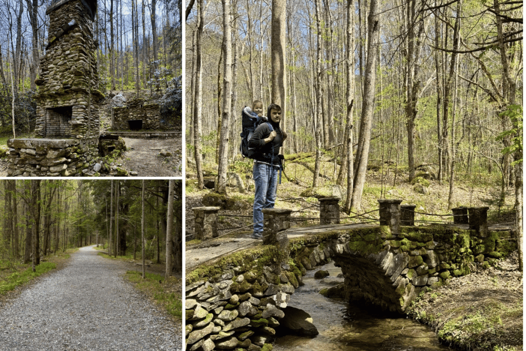 Little River Trail and Troll Bridge easy hike in great smoky mountains national park. Gravel wide trail in photo along with old buildings.
