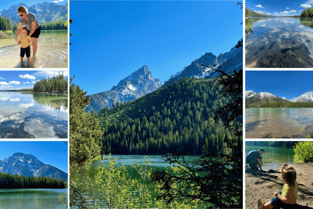 String lake to leigh lake trailhead easy hike for families in grand teton national park. Photos of mother and daughter standing in alek, mountain scenary and clear turquoise water with snow capped mountains.